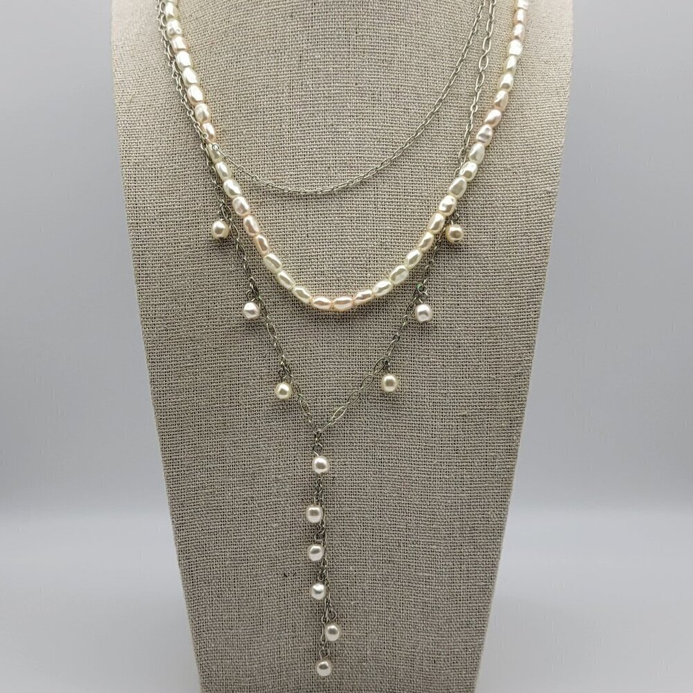 C1946 Silver-Tone Chain Cream Rice Faux Pearl Layered Necklace 19 Inch Delicate